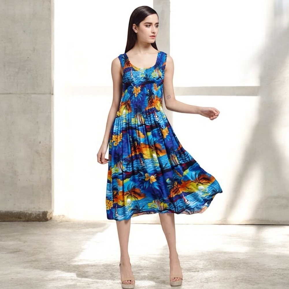Hawaii Hangover Vibrant Sunset Blue Elastic Luau sleeveless A-line Tank Dress